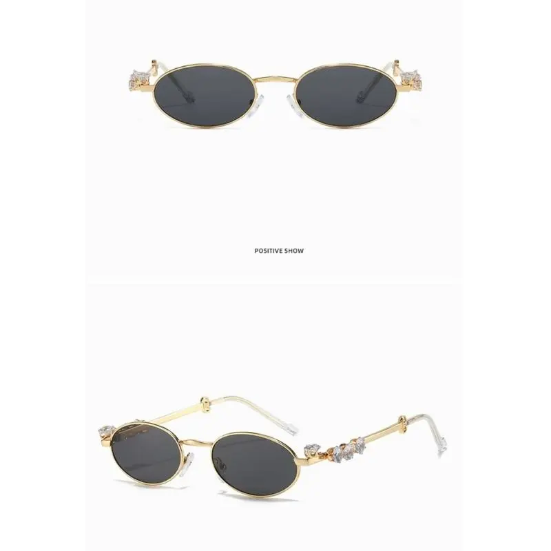 652F Hip Hop Rhinestones Sunglasses Stylish Decorative Eye Glasses Oval Frame Metal Live Show Party Photo Props