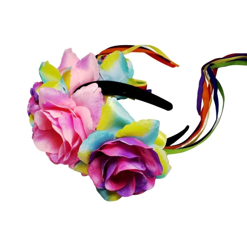 652F Rose Rainbow Floral Hairband Hair Hoop Gothic Flower Tassels Hair Styling for Live Show Headbands Gothic Carnivals