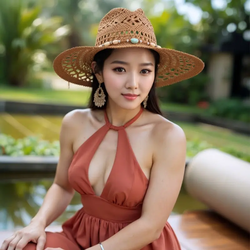 652F Breathable Bead Band Straw Hat Women Bohemian Vacation Hat Wide Brims Travel Panama Hat Beachwear Hat for Leisure Outfit