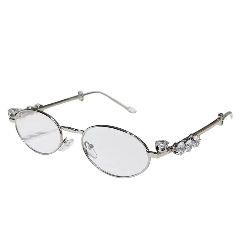 652F Hip Hop Rhinestones Sunglasses Stylish Decorative Eye Glasses Oval Frame Metal Live Show Party Photo Props