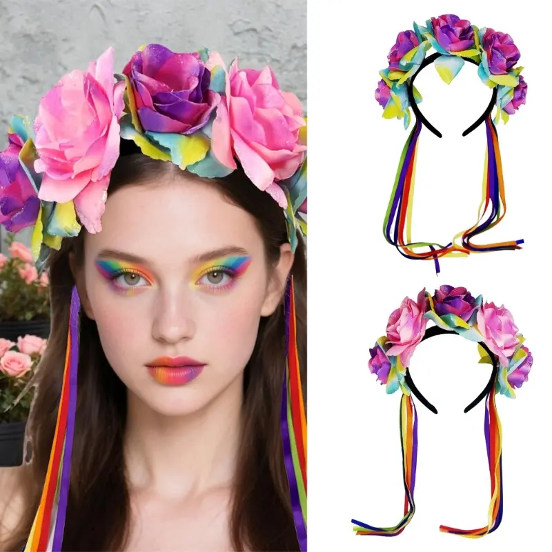 652F Rose Rainbow Floral Hairband Hair Hoop Gothic Flower Tassels Hair Styling for Live Show Headbands Gothic Carnivals