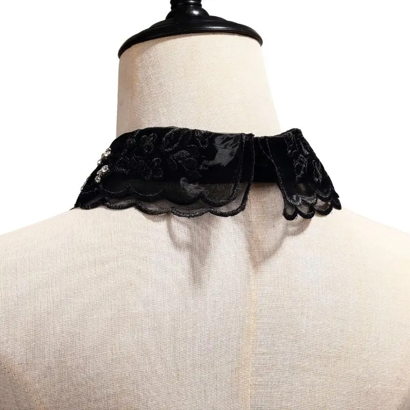 652F Elegant Lace Fake Collar Shirt Women Embroidery Floral Beaded Lapel Ruffled Organza Removable Collar for Dresses Sweater