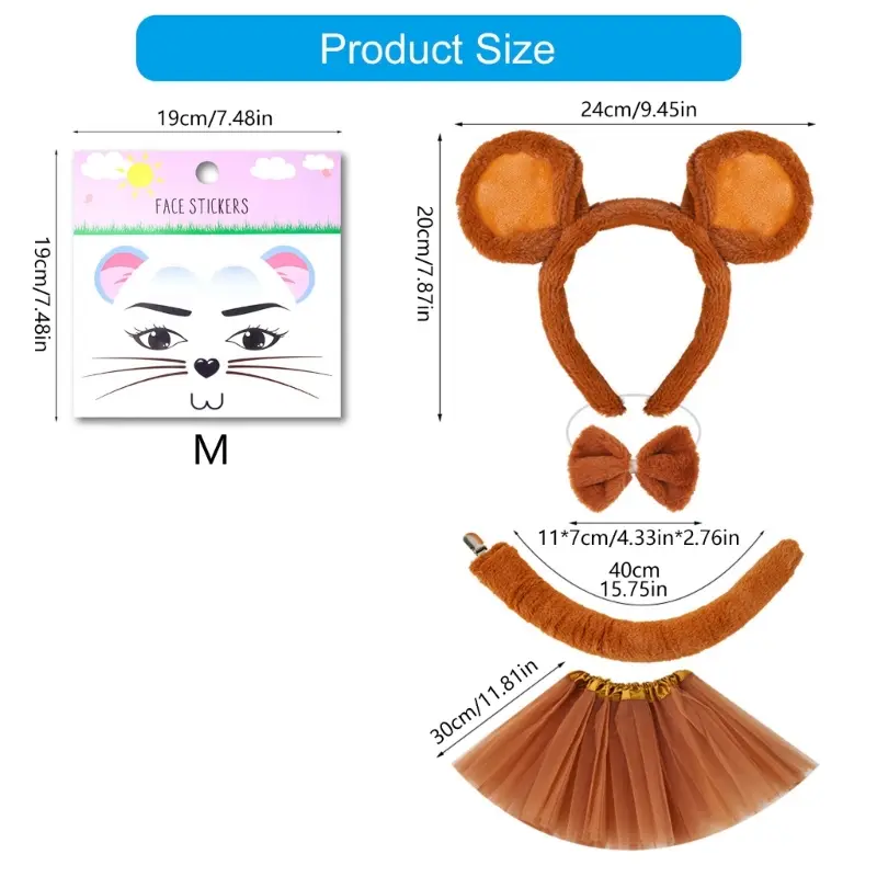 652F Kids Mouse Costume Accessories Set Mouse Ears Headband Tail Tutu Animal Fancy Costume for Halloween Cosplay Party