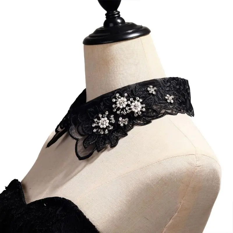 652F Elegant Lace Fake Collar Shirt Women Embroidery Floral Beaded Lapel Ruffled Organza Removable Collar for Dresses Sweater