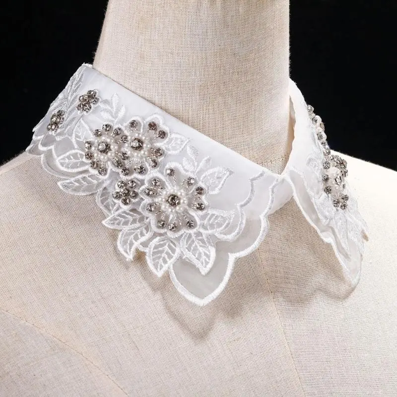 652F Elegant Lace Fake Collar Shirt Women Embroidery Floral Beaded Lapel Ruffled Organza Removable Collar for Dresses Sweater