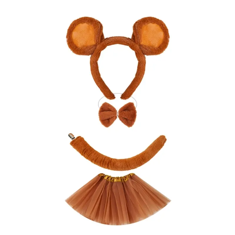 652F Kids Mouse Costume Accessories Set Mouse Ears Headband Tail Tutu Animal Fancy Costume for Halloween Cosplay Party