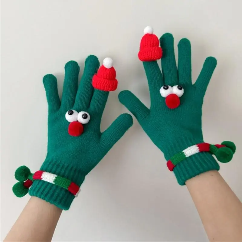 Christmas Gloves with Santa Hat Decors Soft And Warm Breathable Elastic Wrist Gloves for Shopping & Festival Gatherings