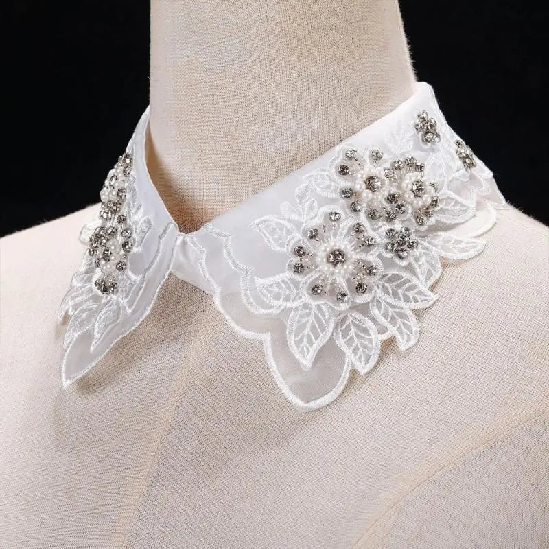 652F Elegant Lace Fake Collar Shirt Women Embroidery Floral Beaded Lapel Ruffled Organza Removable Collar for Dresses Sweater