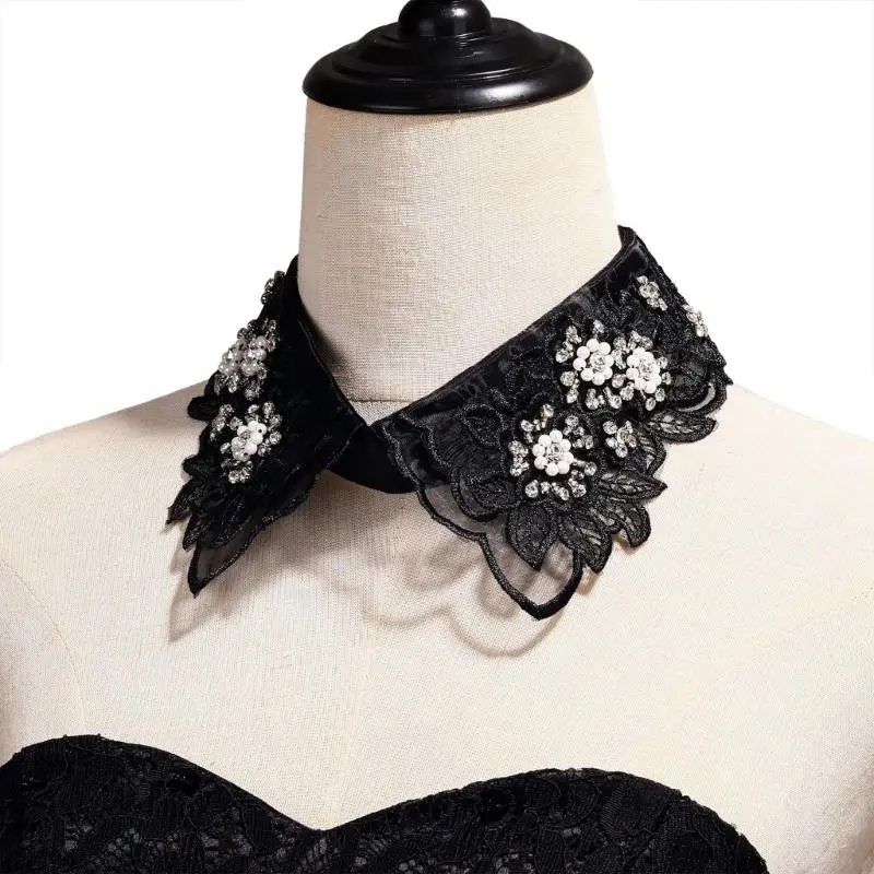 652F Elegant Lace Fake Collar Shirt Women Embroidery Floral Beaded Lapel Ruffled Organza Removable Collar for Dresses Sweater