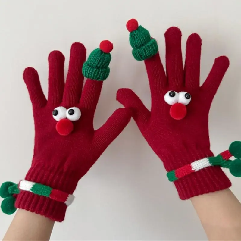 Christmas Gloves with Santa Hat Decors Soft And Warm Breathable Elastic Wrist Gloves for Shopping & Festival Gatherings