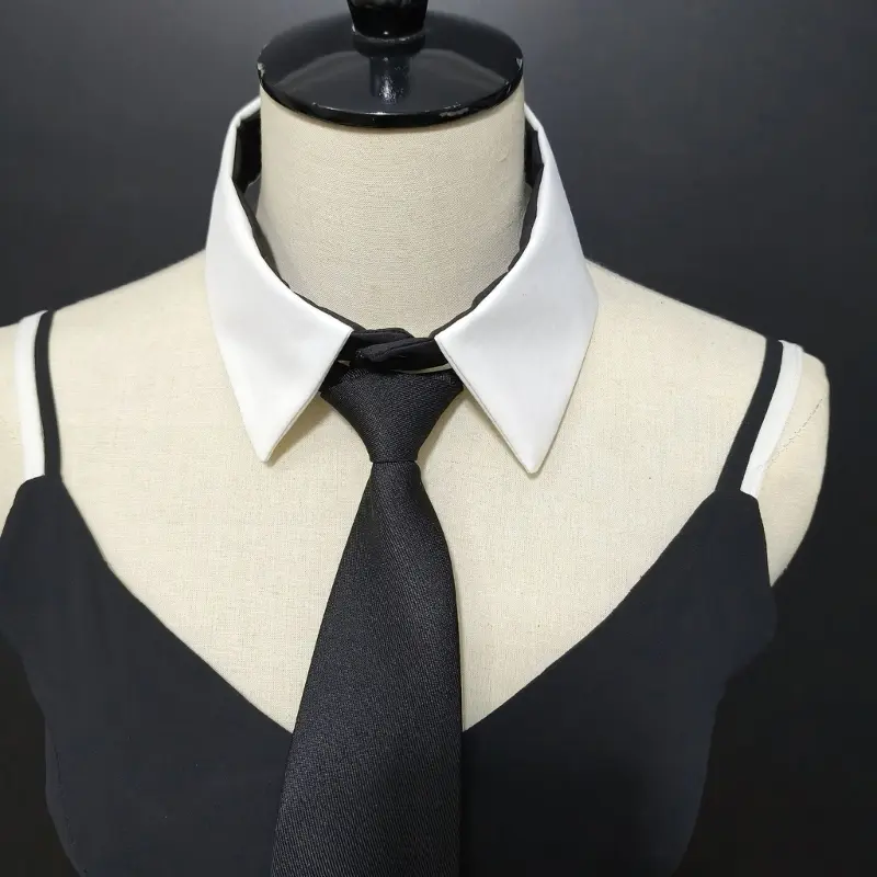 652F Stylish Removable Faux Collar with Elegant Black Long Tie Front Decorative Blouse Choker Collar Accessory for Women Girl