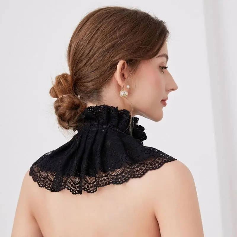 652F Elegant Ruffled Lace Detachable False Collar Victorian Vintage Neck Ruff with Ribbon Pleated Shawl Capelet for Women