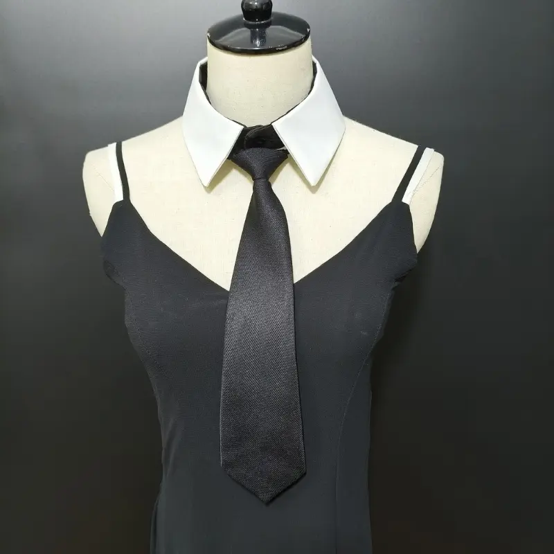 652F Stylish Removable Faux Collar with Elegant Black Long Tie Front Decorative Blouse Choker Collar Accessory for Women Girl