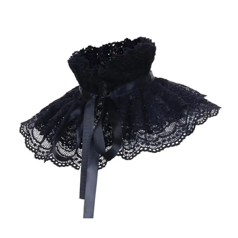 652F Elegant Ruffled Lace Detachable False Collar Victorian Vintage Neck Ruff with Ribbon Pleated Shawl Capelet for Women