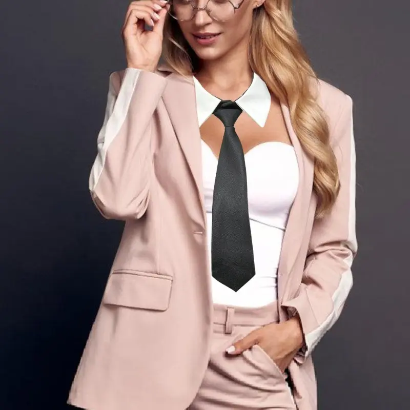 652F Stylish Removable Faux Collar with Elegant Black Long Tie Front Decorative Blouse Choker Collar Accessory for Women Girl