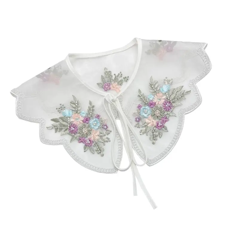 652F Stylish Women Organza Detachable False Collar with Colorful Embroidery Flower and Beading for Collarless Shirt and Dress