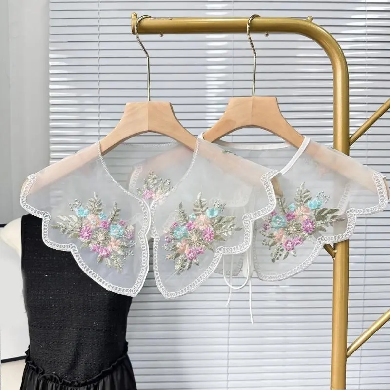 652F Stylish Women Organza Detachable False Collar with Colorful Embroidery Flower and Beading for Collarless Shirt and Dress