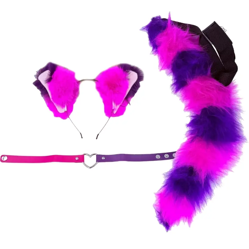 652F Cats Costumes Wolf Foxes Ears Headband Cats Tail Heart Choker for Christmas Halloween Cosplay Party Costume Accessories