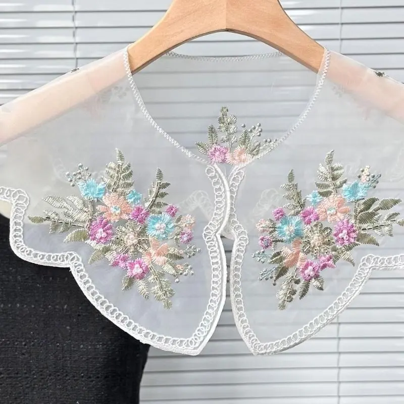 652F Stylish Women Organza Detachable False Collar with Colorful Embroidery Flower and Beading for Collarless Shirt and Dress