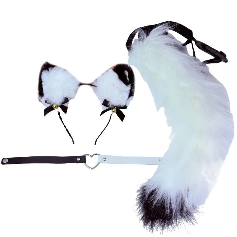 652F Cats Costumes Wolf Foxes Ears Headband Cats Tail Heart Choker for Christmas Halloween Cosplay Party Costume Accessories