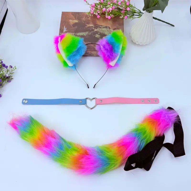 652F Cats Costumes Wolf Foxes Ears Headband Cats Tail Heart Choker for Christmas Halloween Cosplay Party Costume Accessories