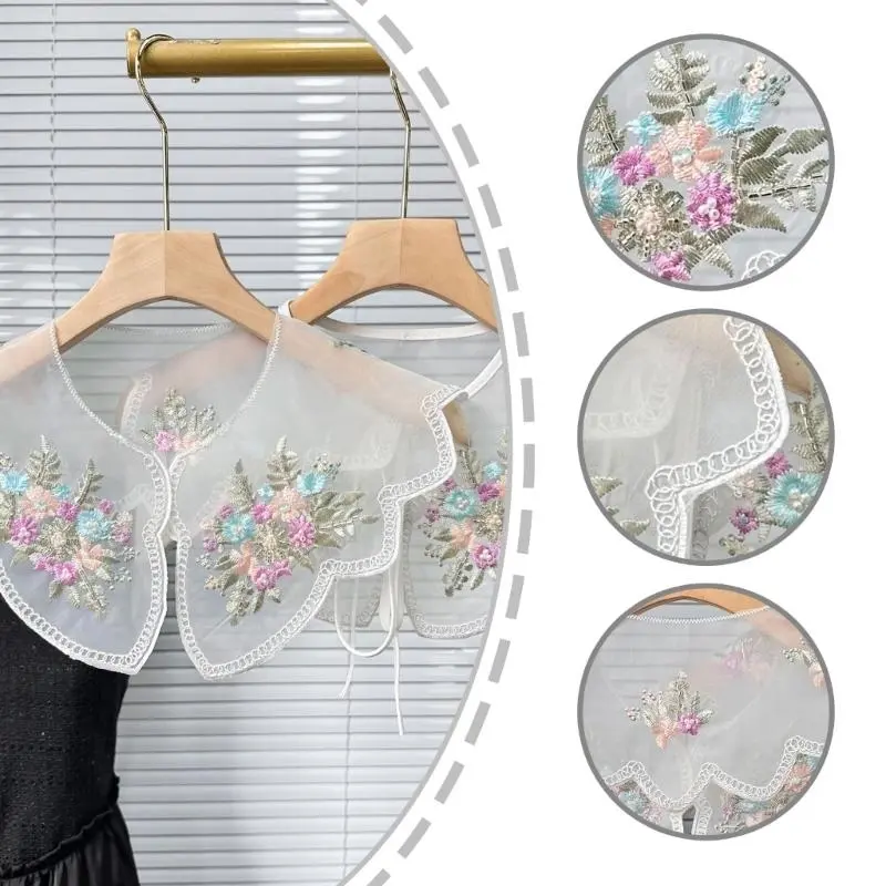652F Stylish Women Organza Detachable False Collar with Colorful Embroidery Flower and Beading for Collarless Shirt and Dress
