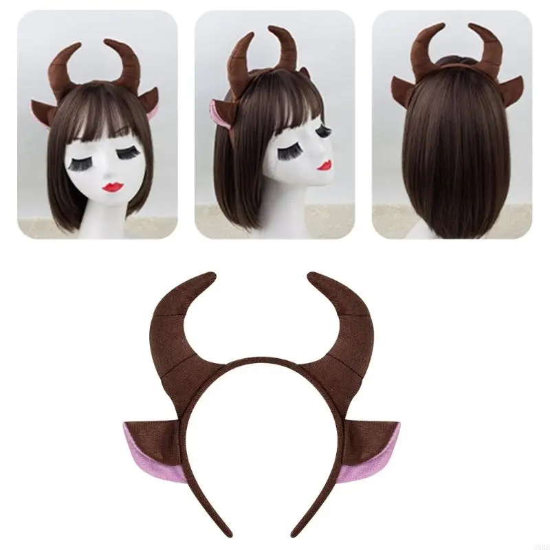 652F Unique OX Horn Headband Animal Ears Plush Headpiece Party Cosplay Costume Headdress for Parties and Celebrations