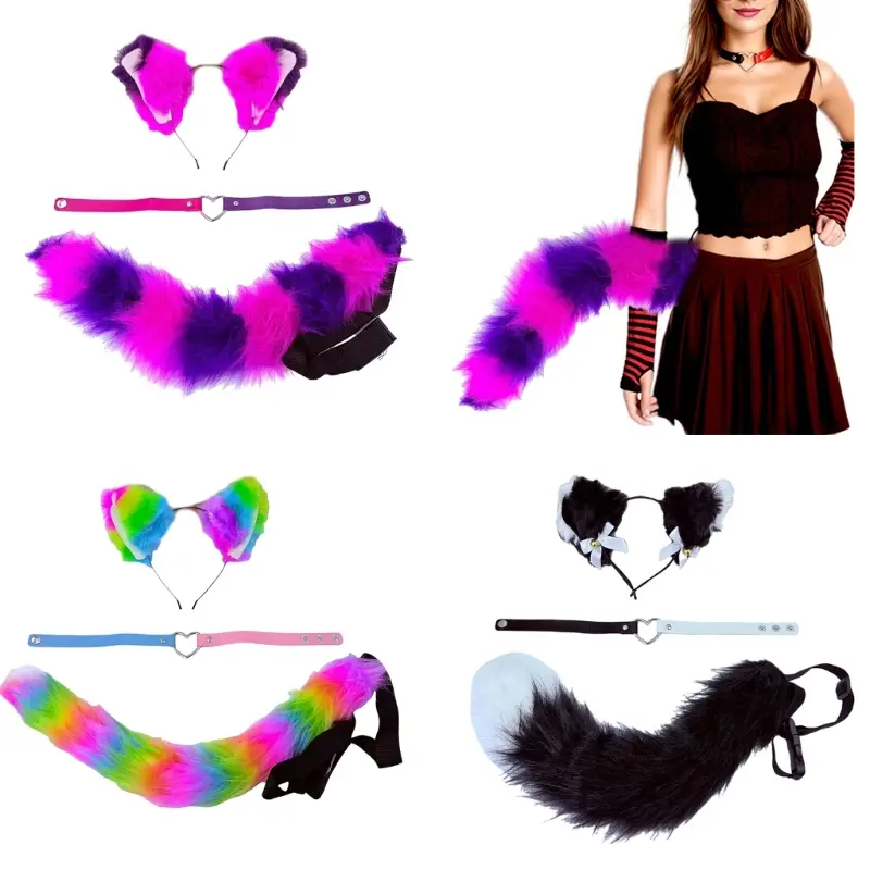 652F Cats Costumes Wolf Foxes Ears Headband Cats Tail Heart Choker for Christmas Halloween Cosplay Party Costume Accessories