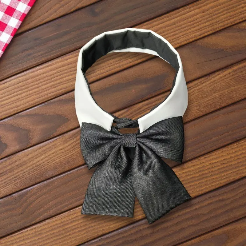 652F Fashionable Black and White Removable Faux Collar with Elegant  Black Bowtie Accent for Office Wear and Campus Students