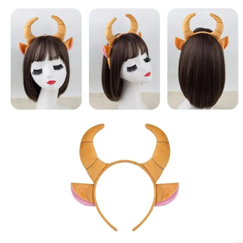 652F Unique OX Horn Headband Animal Ears Plush Headpiece Party Cosplay Costume Headdress for Parties and Celebrations