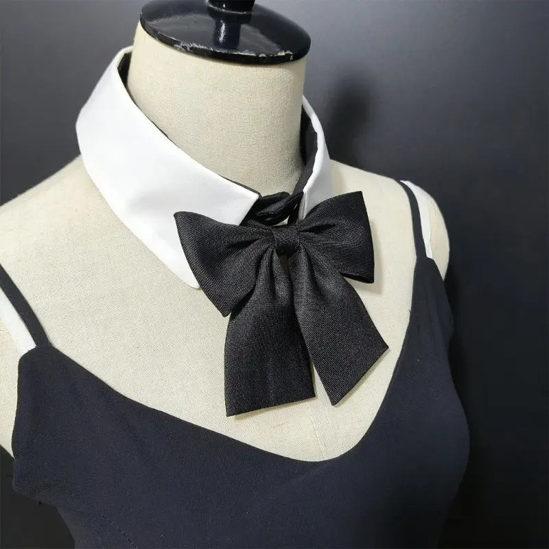 652F Fashionable Black and White Removable Faux Collar with Elegant  Black Bowtie Accent for Office Wear and Campus Students