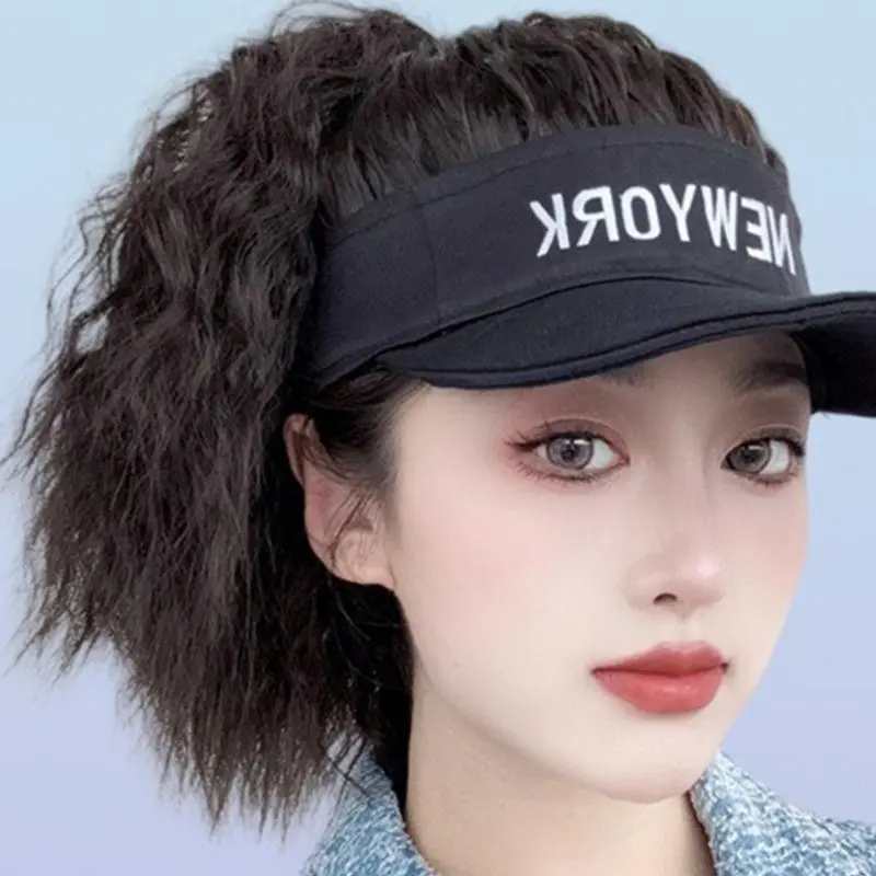 652F Wigs Attached Baseball Hat for Girls Women Hairpiece Casual Hat for Outdoor Casual Wear Photo Props Brown Black Hair
