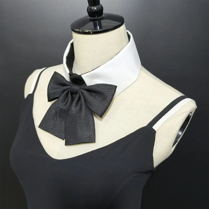 652F Fashionable Black and White Removable Faux Collar with Elegant  Black Bowtie Accent for Office Wear and Campus Students