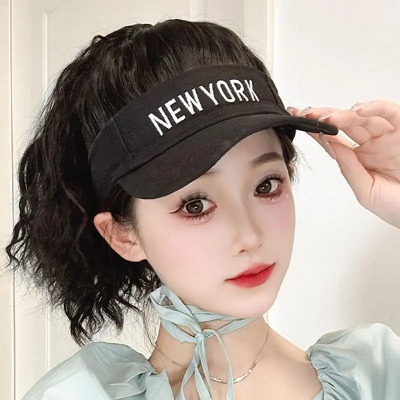 652F Wigs Attached Baseball Hat for Girls Women Hairpiece Casual Hat for Outdoor Casual Wear Photo Props Brown Black Hair