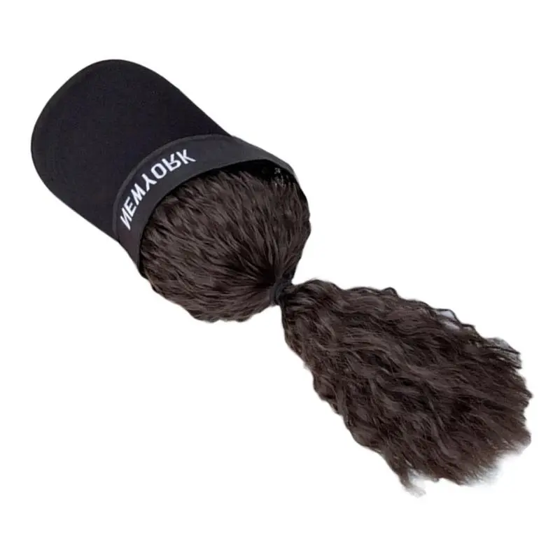 652F Wigs Attached Baseball Hat for Girls Women Hairpiece Casual Hat for Outdoor Casual Wear Photo Props Brown Black Hair