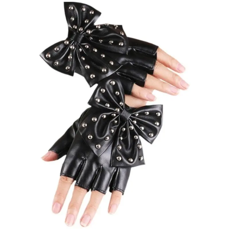 652F Stylish PU Leather Half Finger Gloves With Bowknot And Rivet Studded For Evening Parties And Music Festival Handwear