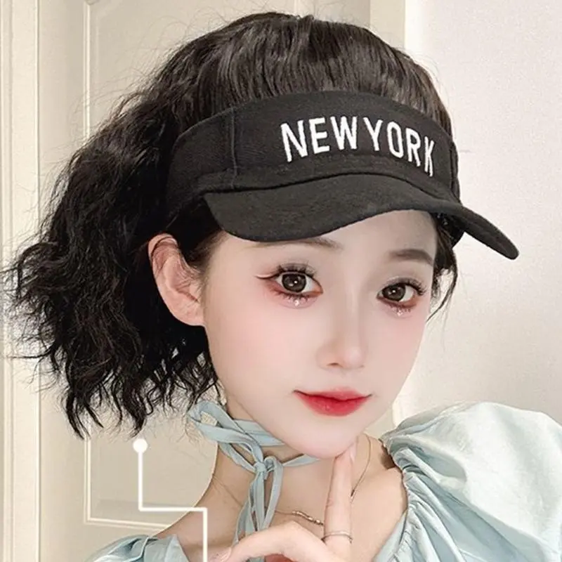 652F Wigs Attached Baseball Hat for Girls Women Hairpiece Casual Hat for Outdoor Casual Wear Photo Props Brown Black Hair
