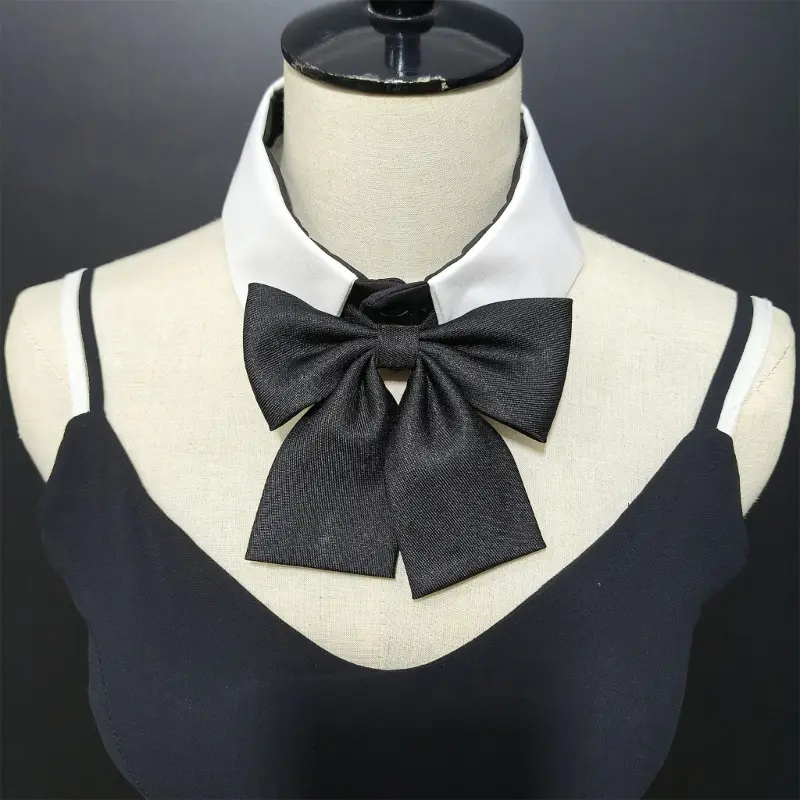 652F Fashionable Black and White Removable Faux Collar with Elegant  Black Bowtie Accent for Office Wear and Campus Students