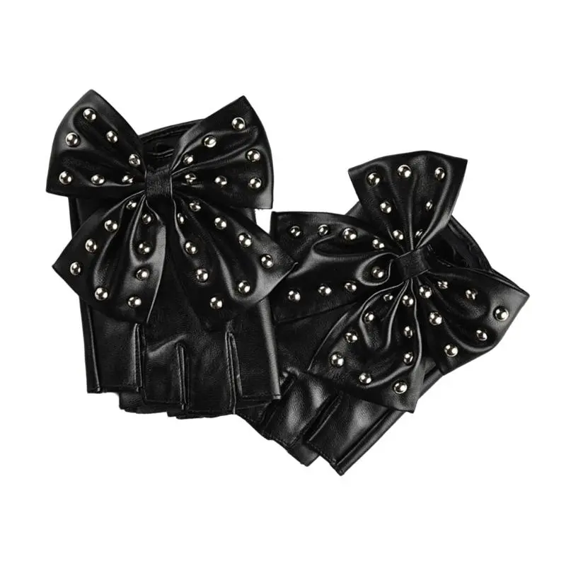 652F Stylish PU Leather Half Finger Gloves With Bowknot And Rivet Studded For Evening Parties And Music Festival Handwear