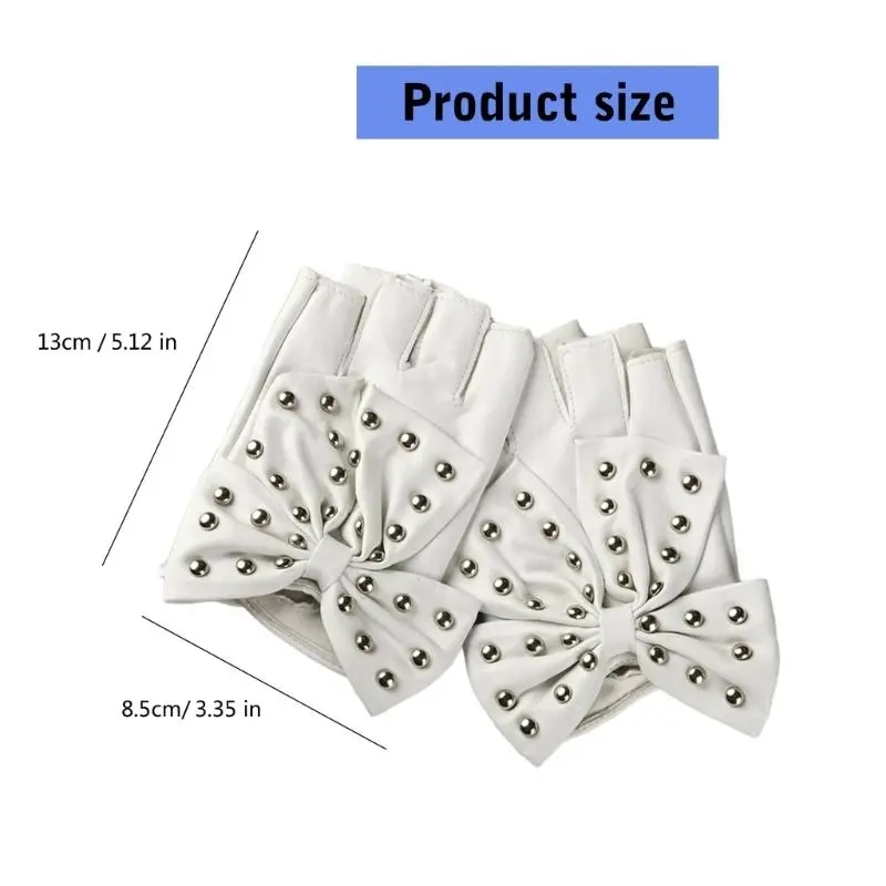 652F Stylish PU Leather Half Finger Gloves With Bowknot And Rivet Studded For Evening Parties And Music Festival Handwear
