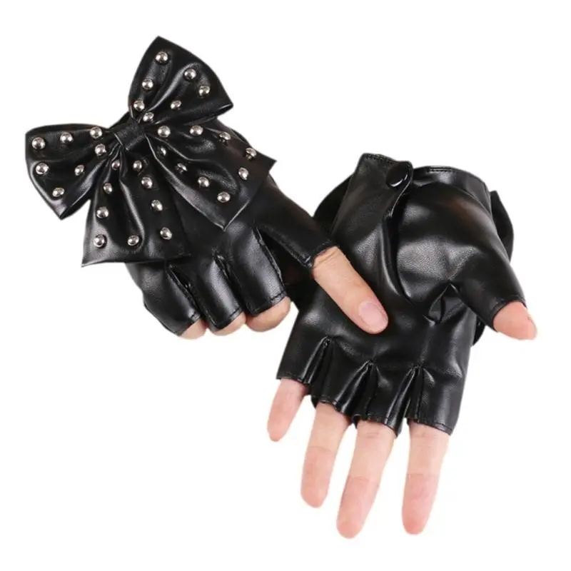 652F Stylish PU Leather Half Finger Gloves With Bowknot And Rivet Studded For Evening Parties And Music Festival Handwear