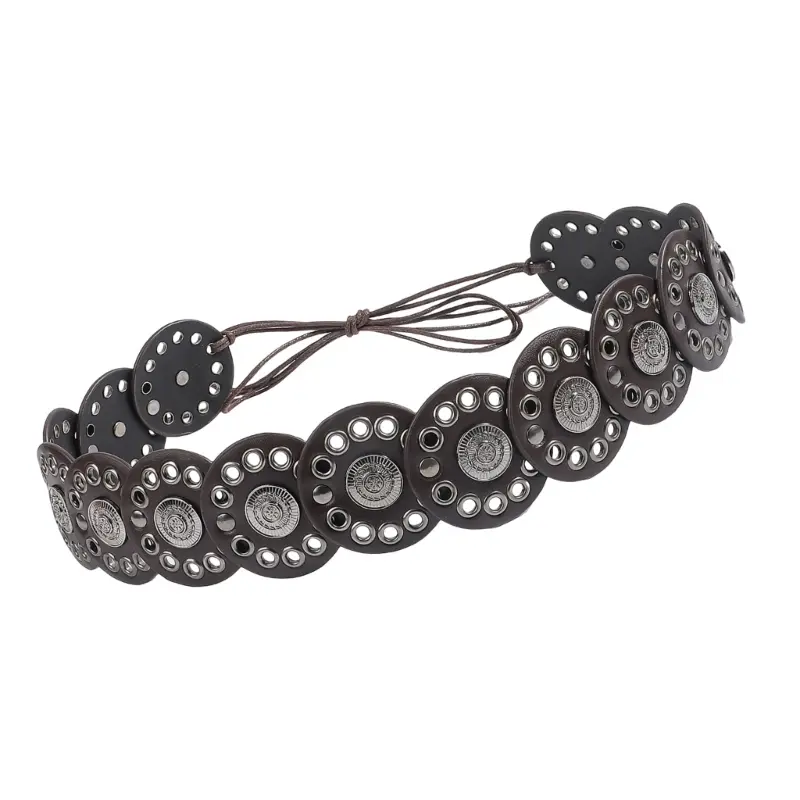 652F Bohemian Wide PU Leather Disk Waist Belt for Women Adjustable Western Waistband with Large Eyelets for Evening Party