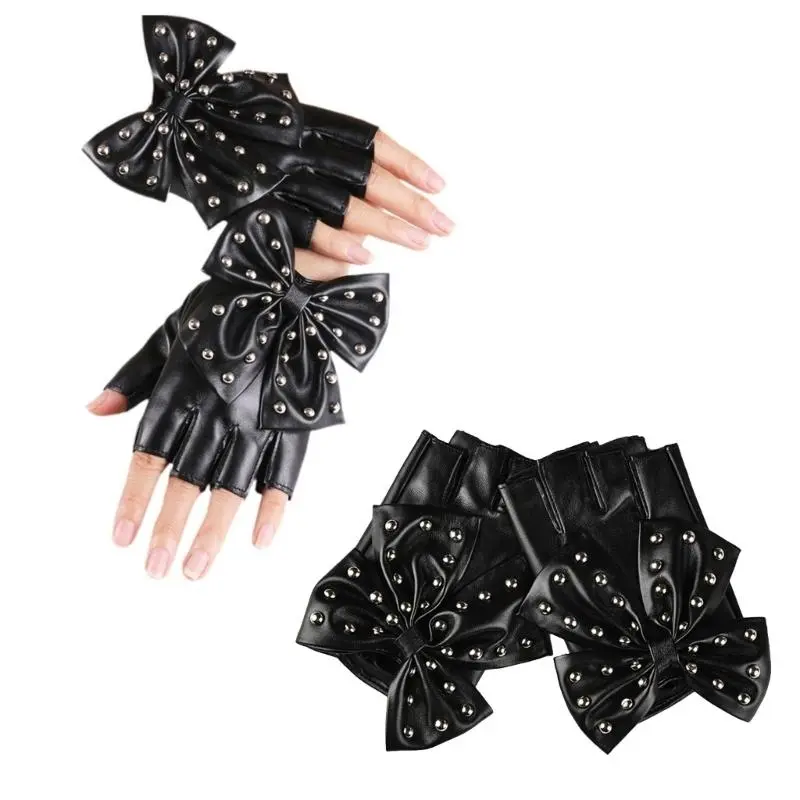 652F Stylish PU Leather Half Finger Gloves With Bowknot And Rivet Studded For Evening Parties And Music Festival Handwear