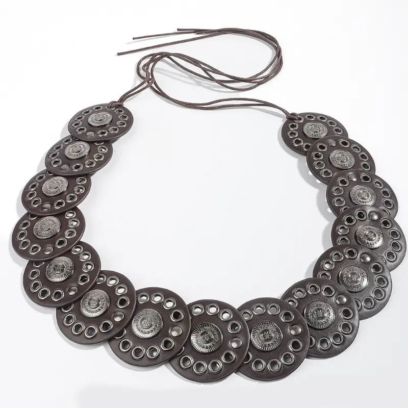 652F Bohemian Wide PU Leather Disk Waist Belt for Women Adjustable Western Waistband with Large Eyelets for Evening Party