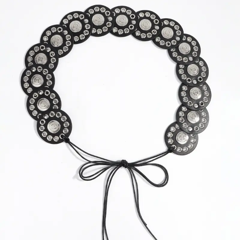 652F Bohemian Wide PU Leather Disk Waist Belt for Women Adjustable Western Waistband with Large Eyelets for Evening Party