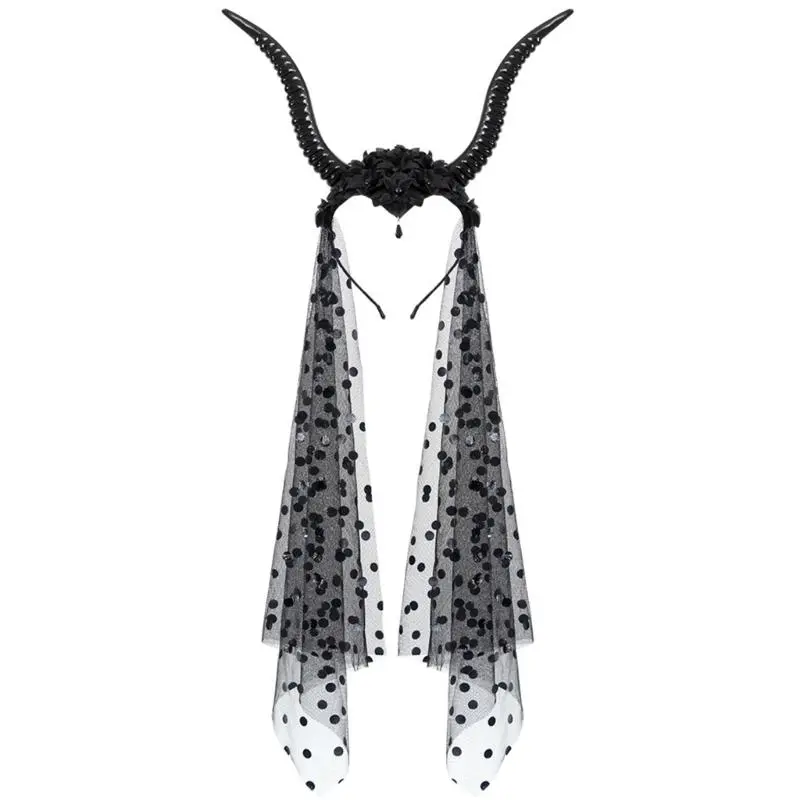 39BB Punk Goat Horn Headband Veil Hairband Dark Series Women Photo Props Headwear