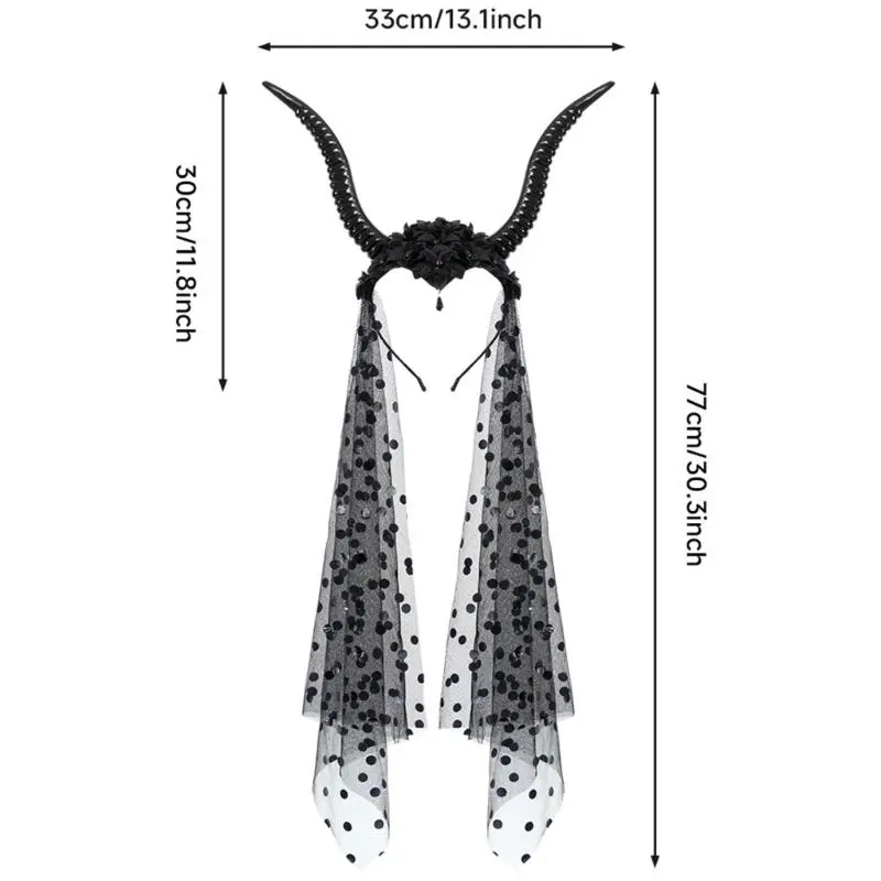 39BB Punk Goat Horn Headband Veil Hairband Dark Series Women Photo Props Headwear