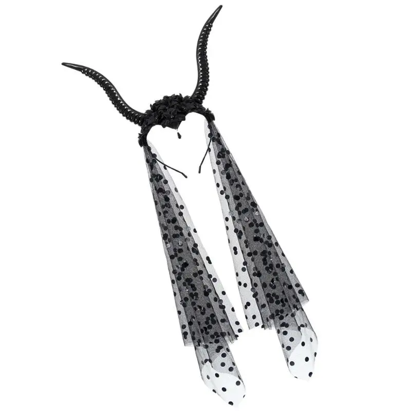39BB Punk Goat Horn Headband Veil Hairband Dark Series Women Photo Props Headwear