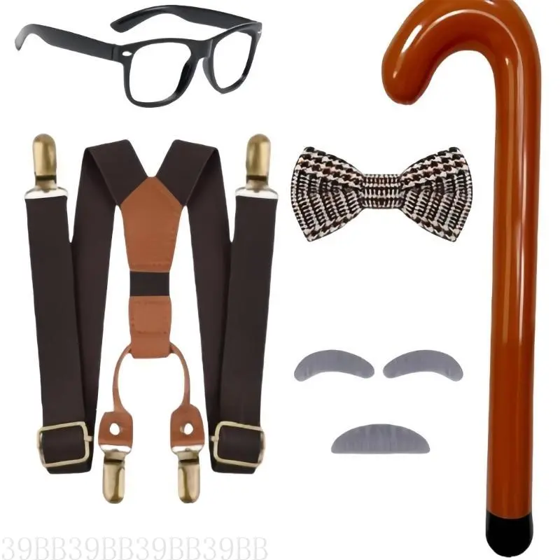 39BB Kid Grandpa Costume Accessory with Beard Eyebrows Bowtie Glasses Cane Suspenders