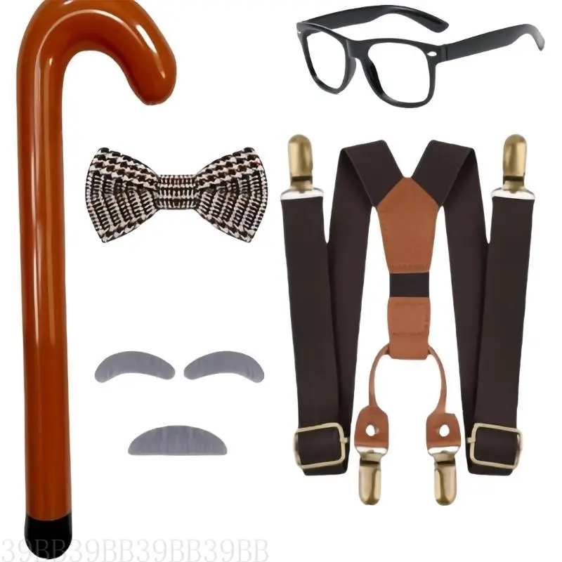 39BB Kid Grandpa Costume Accessory with Beard Eyebrows Bowtie Glasses Cane Suspenders